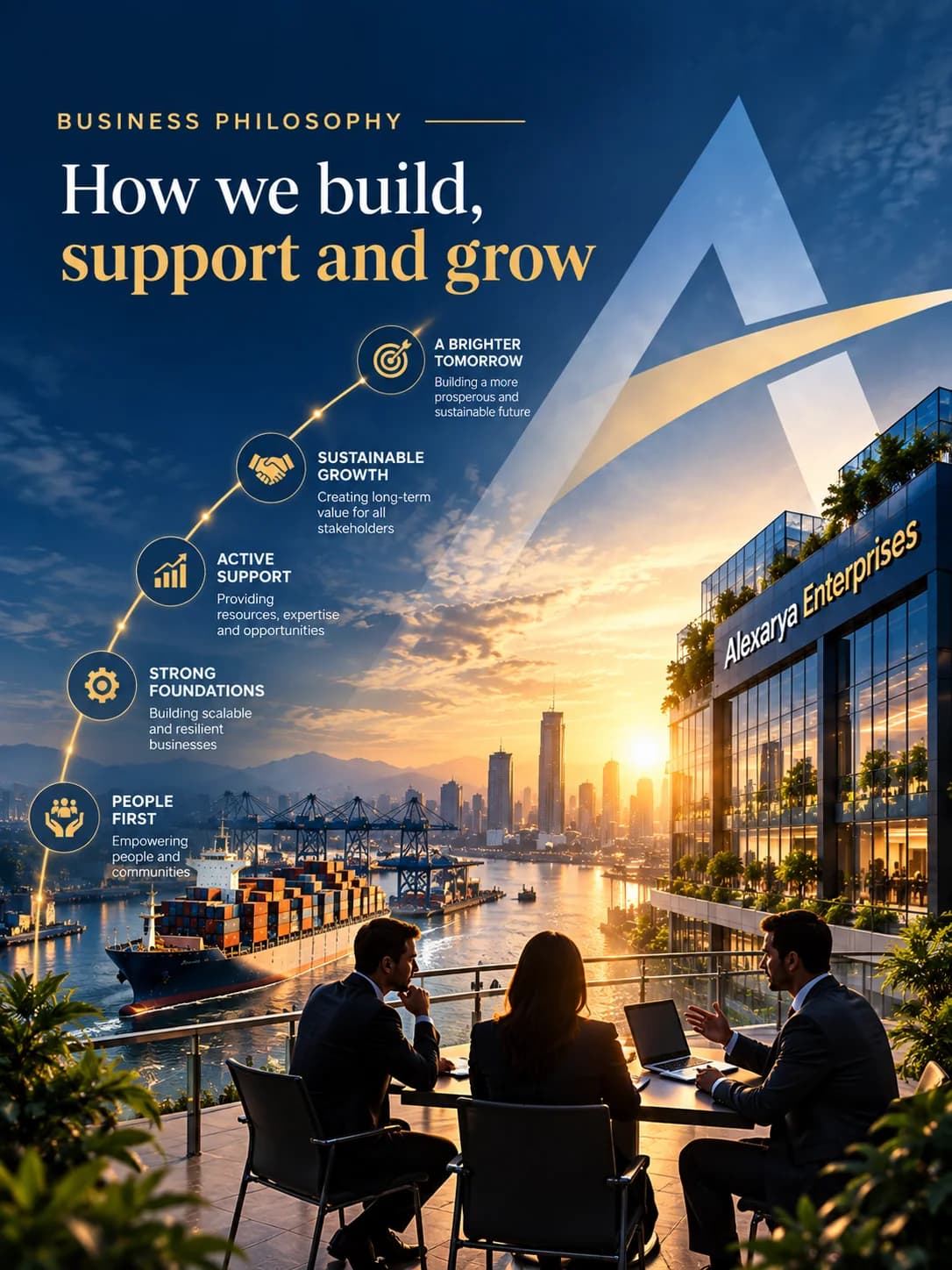 Business philosophy — how we build, support and grow: people first, strong foundations, active support, sustainable growth and a brighter tomorrow