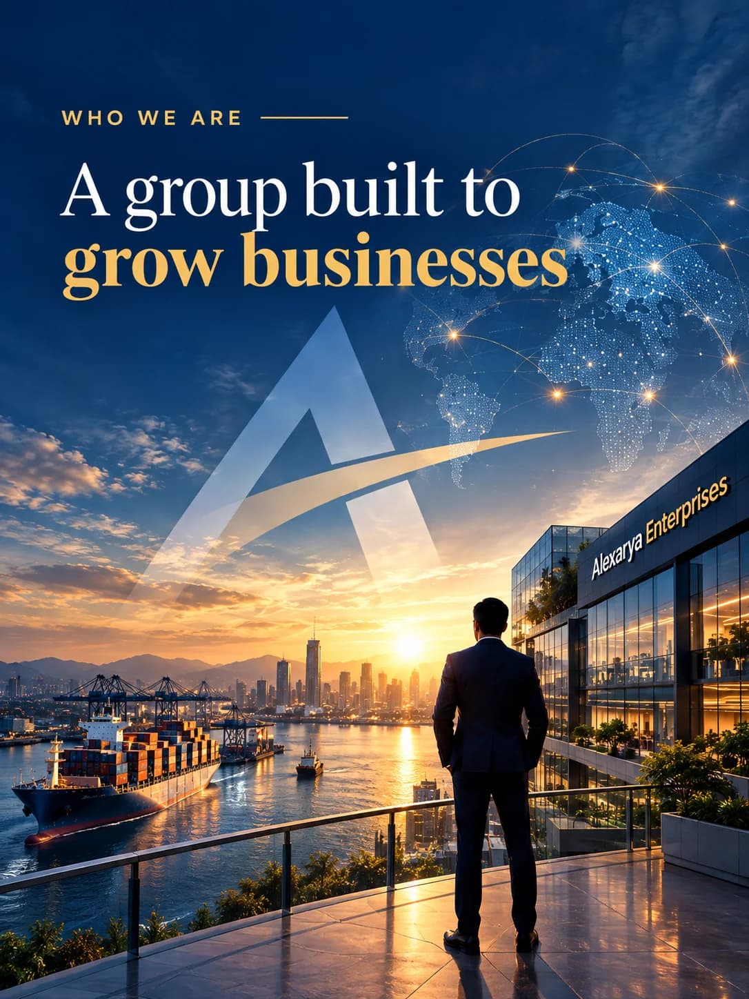 Alexarya Enterprises — a group built to grow businesses: our headquarters overlooking the port and city at sunrise